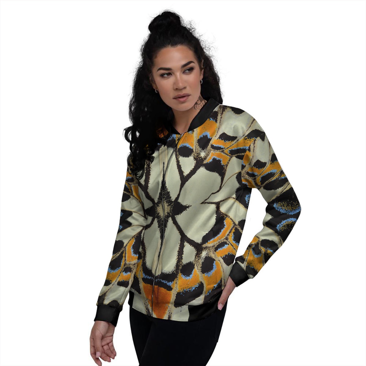 Butterfly Wing Skin White Orange Print Women's Bomber Jacket-grizzshop