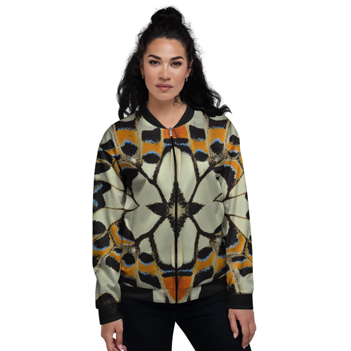 Butterfly Wing Skin White Orange Print Women's Bomber Jacket-grizzshop