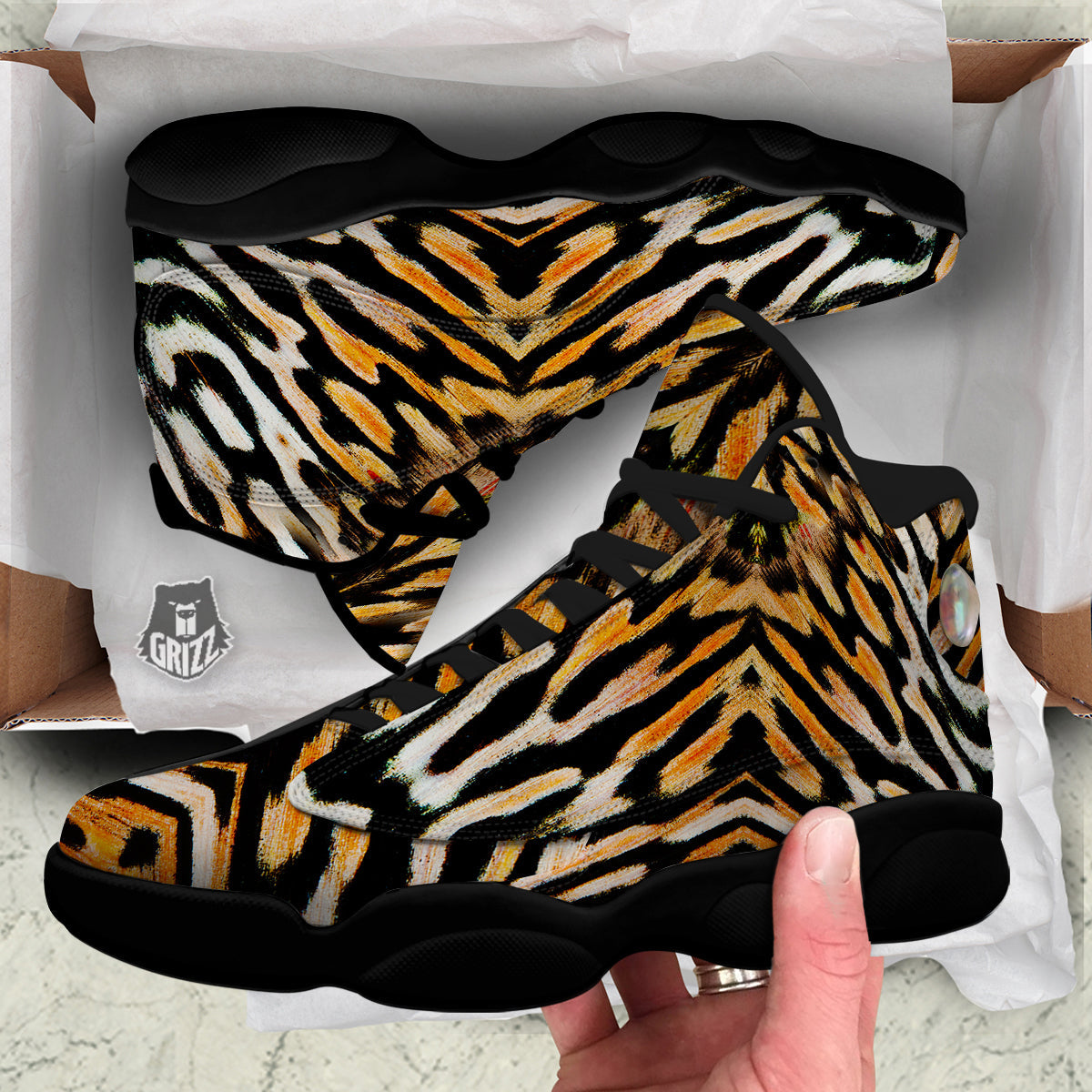 Butterfly Wing Skin White Orange Tiger Print Black Basketball Shoes-grizzshop