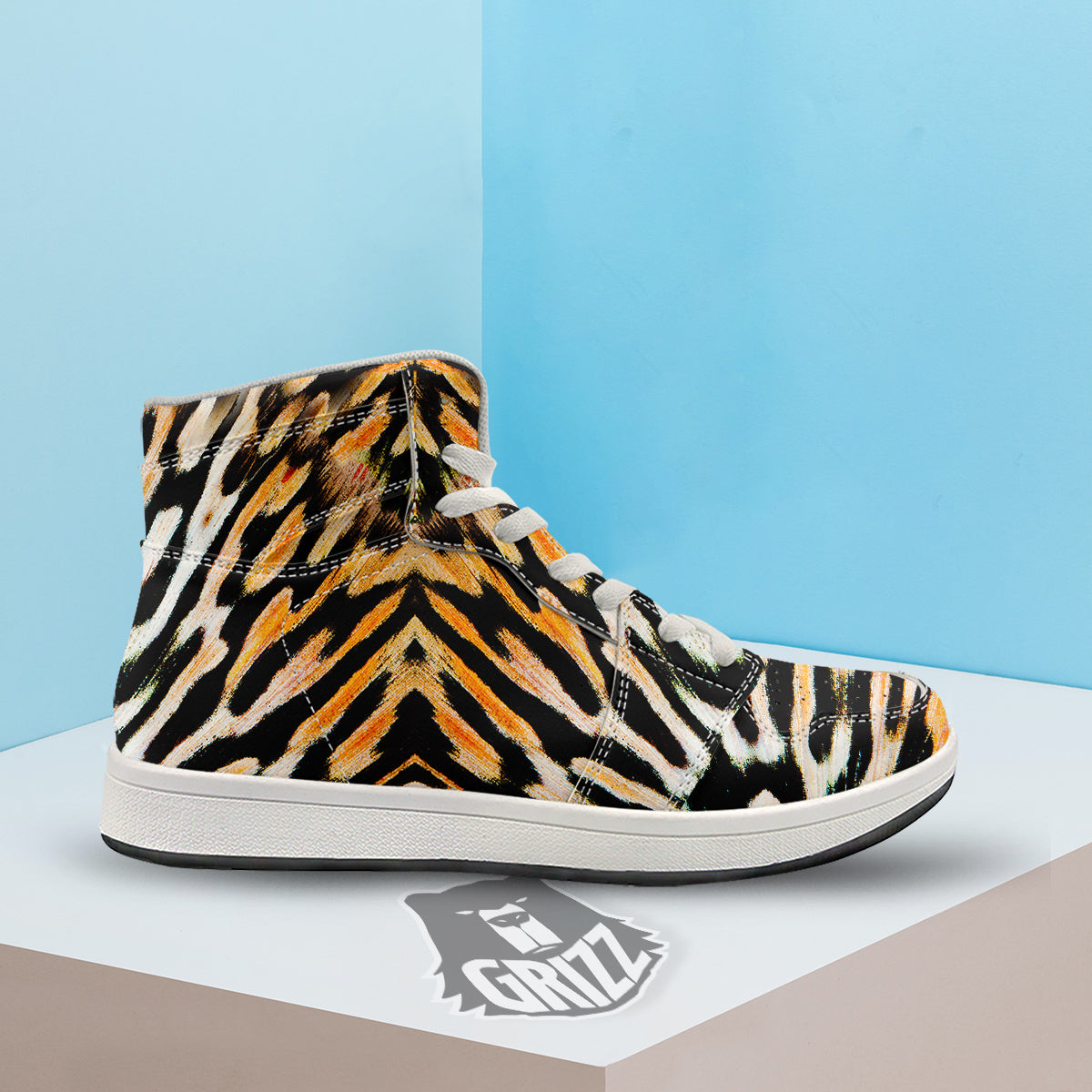 Butterfly Wing Skin White Orange Tiger Print High Top Sneakers-grizzshop