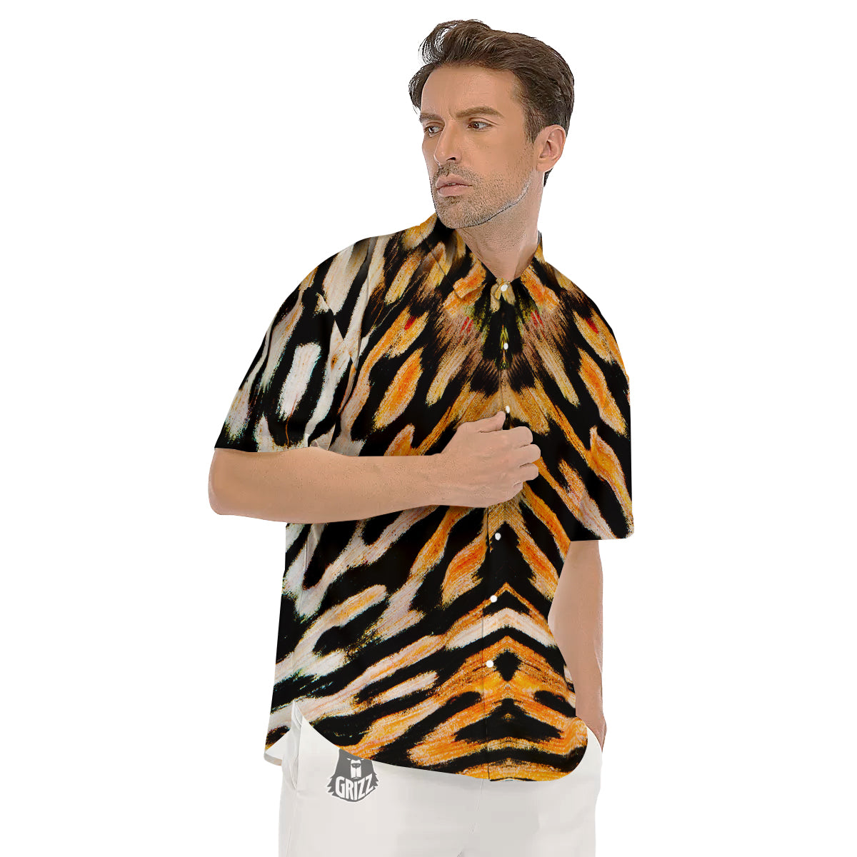 Butterfly Wing Skin White Orange Tiger Print Men's Short Sleeve Shirts-grizzshop