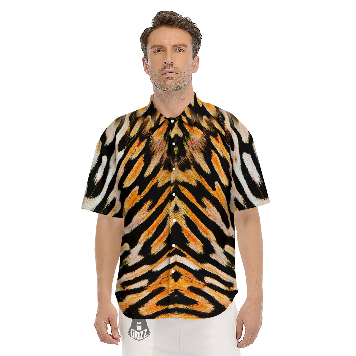 Butterfly Wing Skin White Orange Tiger Print Men's Short Sleeve Shirts-grizzshop