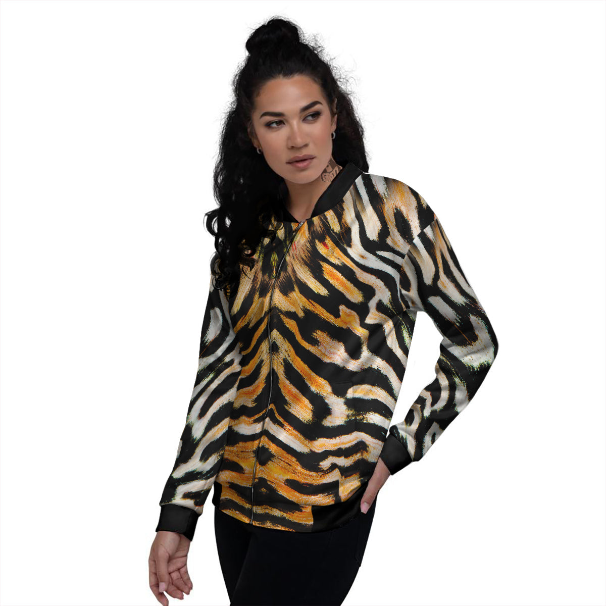 Butterfly Wing Skin White Orange Tiger Print Women's Bomber Jacket-grizzshop