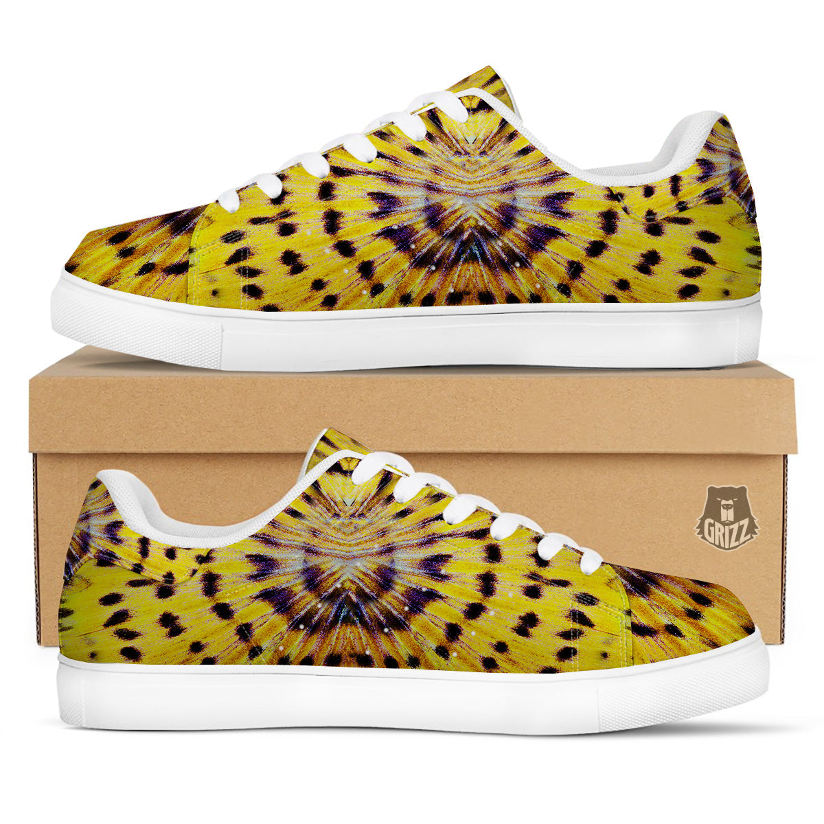 Butterfly Wing Skin Yellow Print White Low Top Sneakers-grizzshop