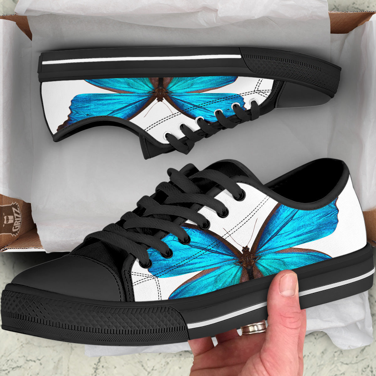 Butterfly Wings Blue Monarch Print Black Low Top Shoes-grizzshop