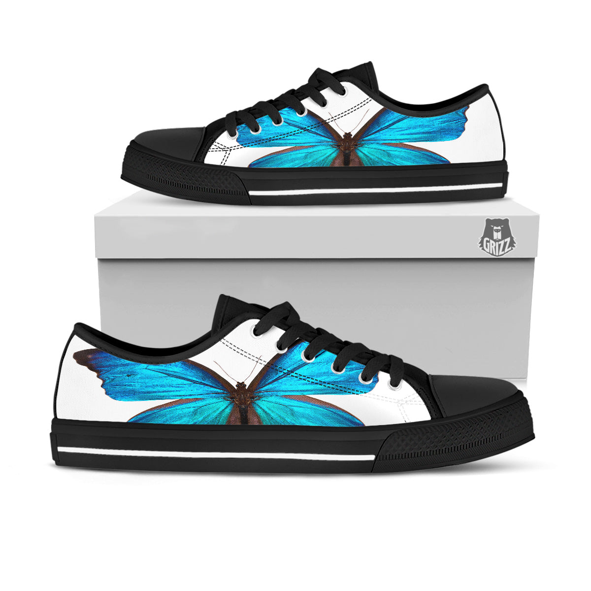 Butterfly Wings Blue Monarch Print Black Low Top Shoes-grizzshop
