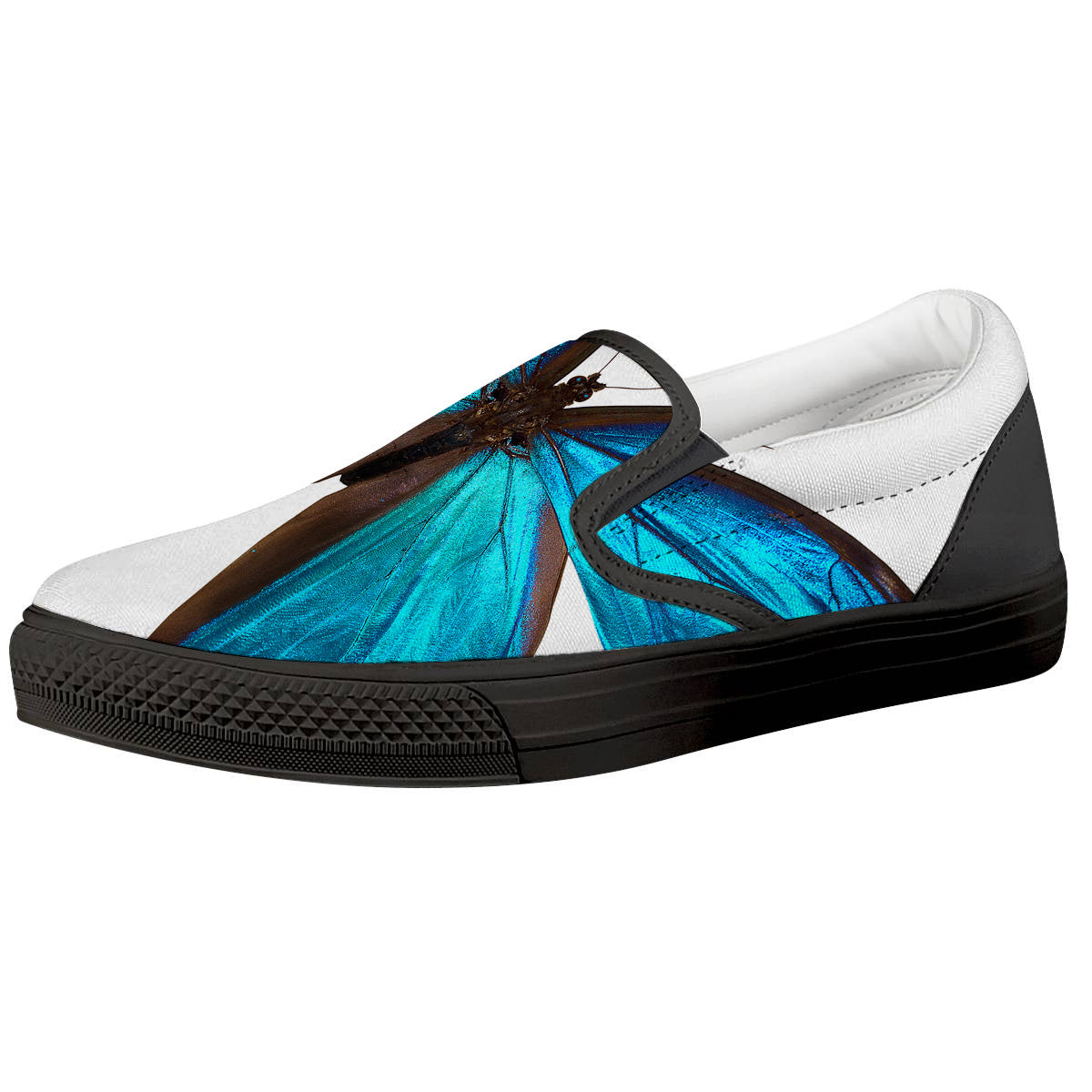 Butterfly Wings Blue Monarch Print Black Slip On Shoes-grizzshop