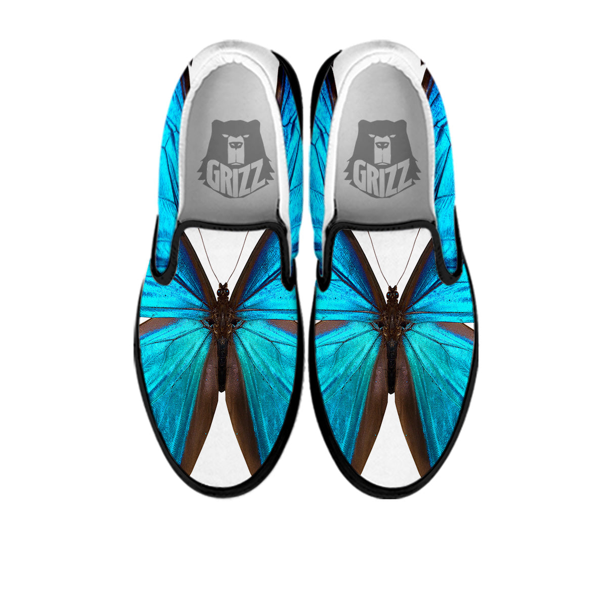 Butterfly Wings Blue Monarch Print Black Slip On Shoes-grizzshop