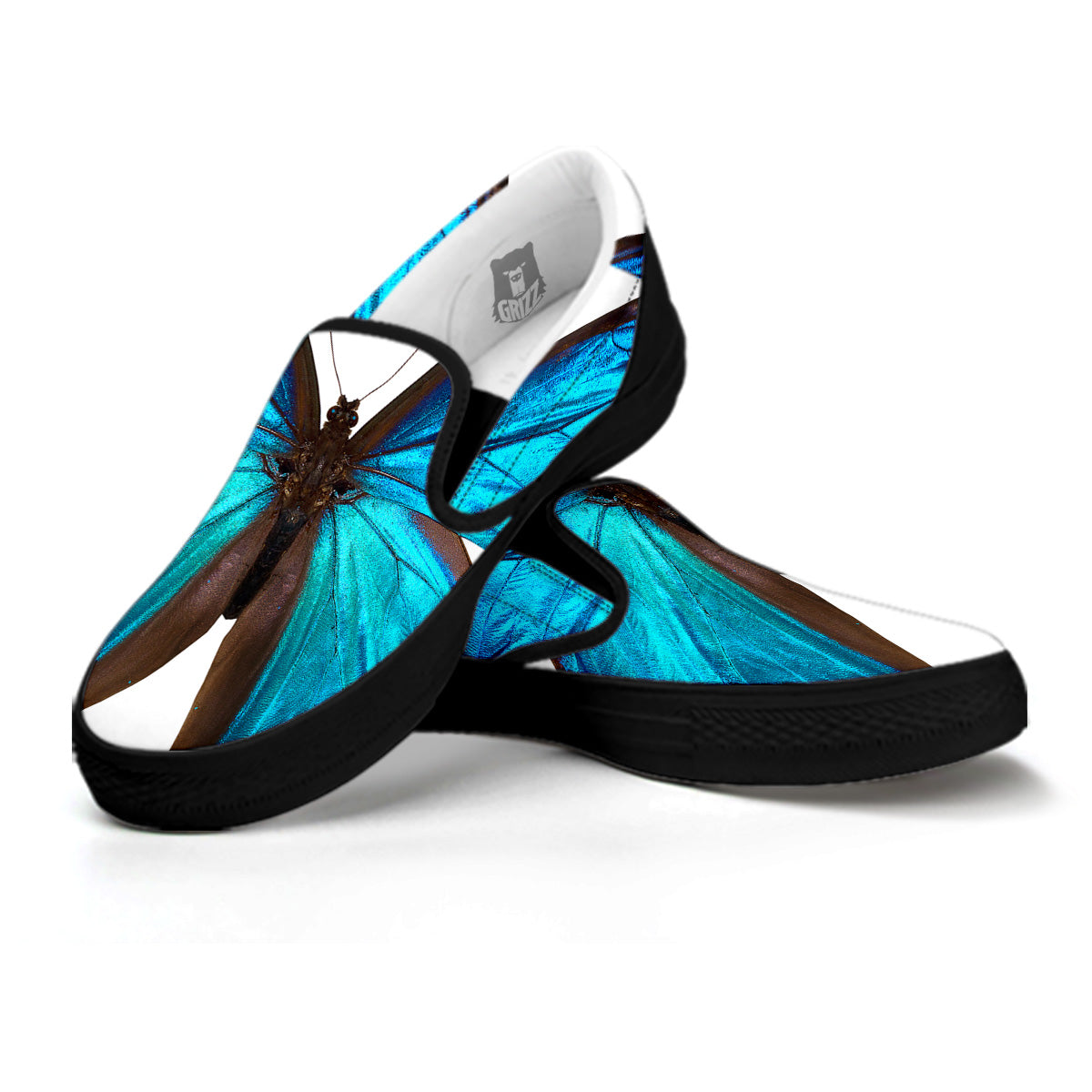 Butterfly Wings Blue Monarch Print Black Slip On Shoes-grizzshop