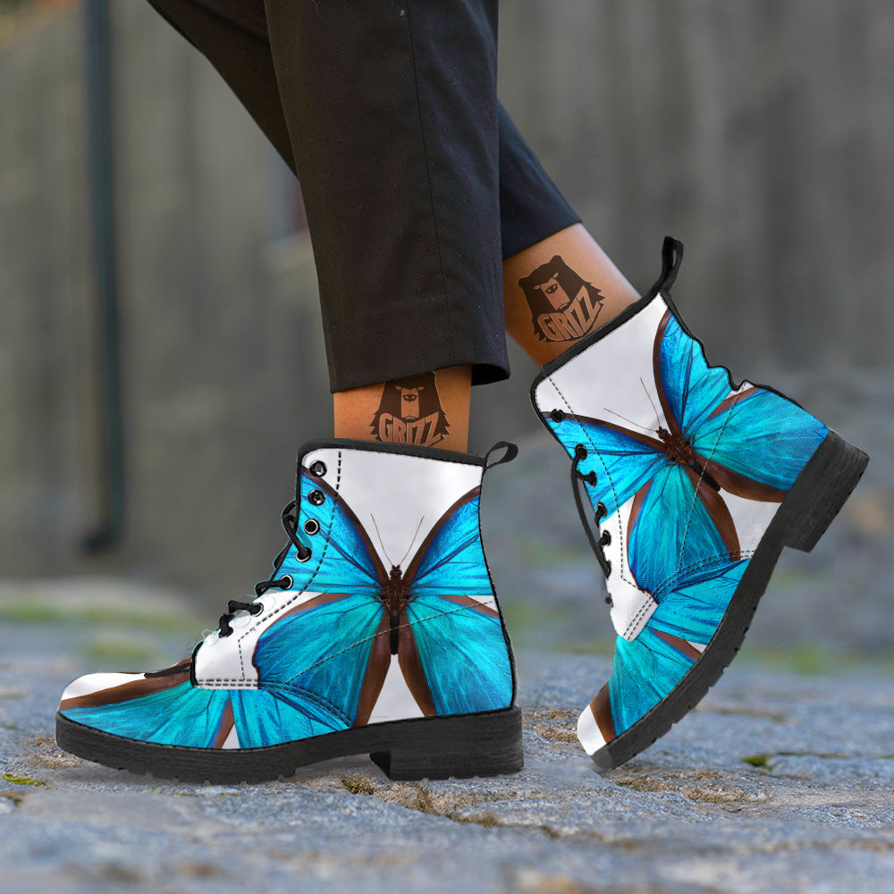 Butterfly Wings Blue Monarch Print Leather Boots-grizzshop