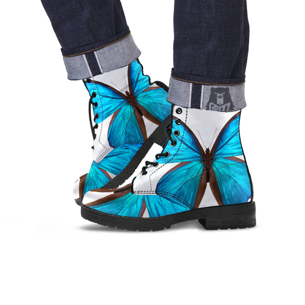 Butterfly Wings Blue Monarch Print Leather Boots-grizzshop