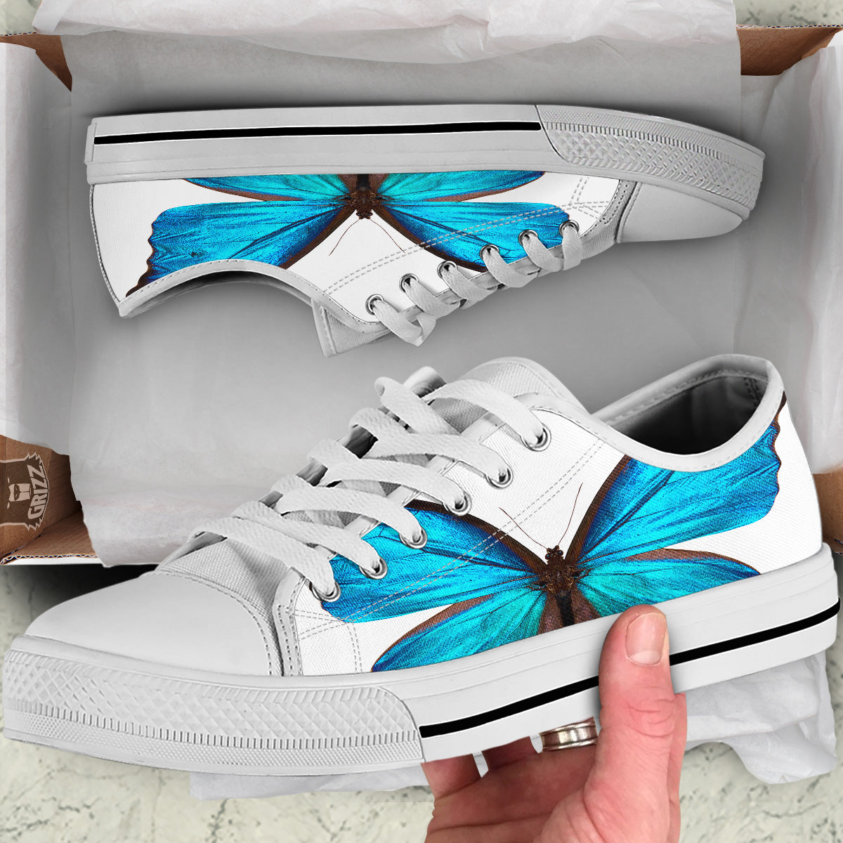 Butterfly Wings Blue Monarch Print White Low Top Shoes-grizzshop