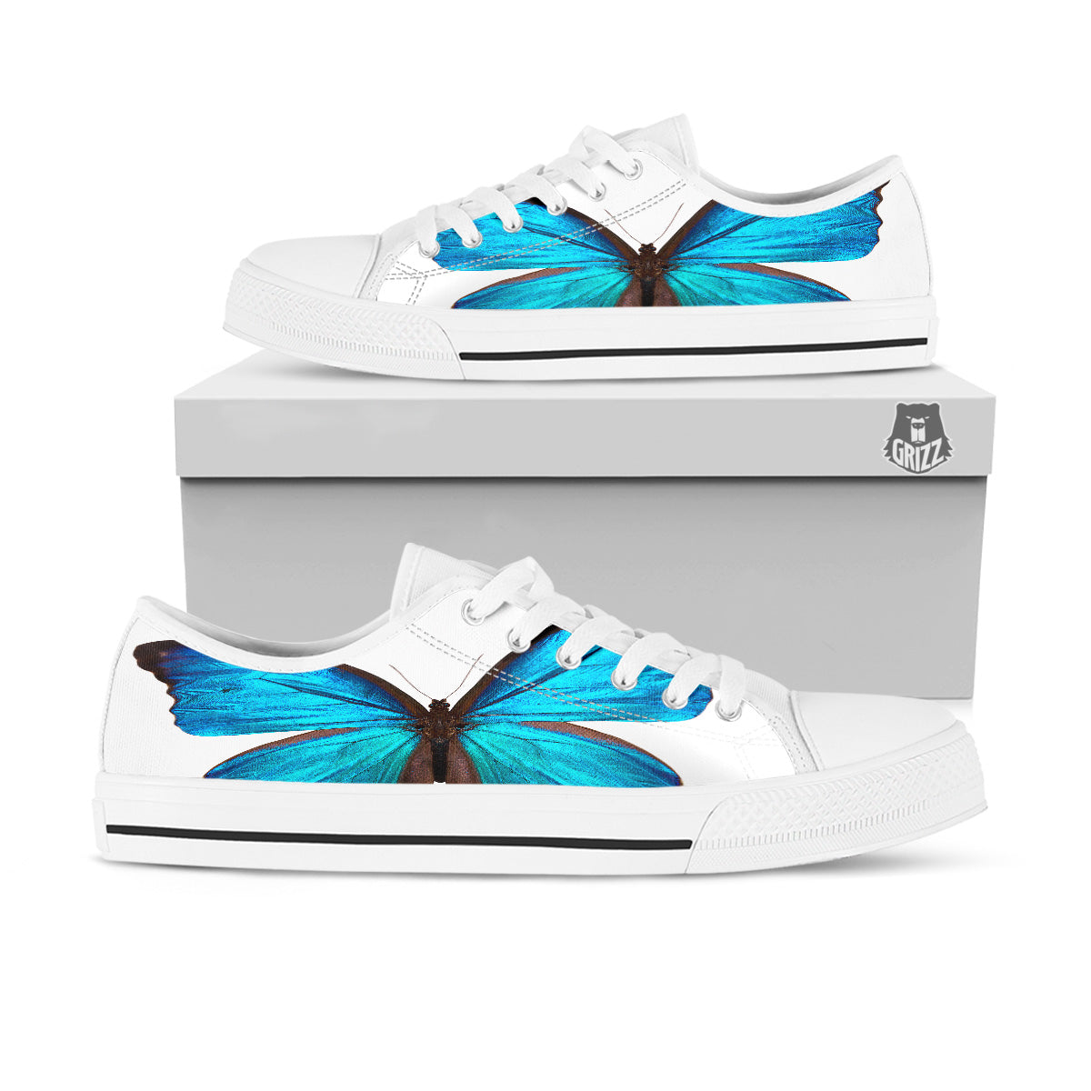 Butterfly Wings Blue Monarch Print White Low Top Shoes-grizzshop