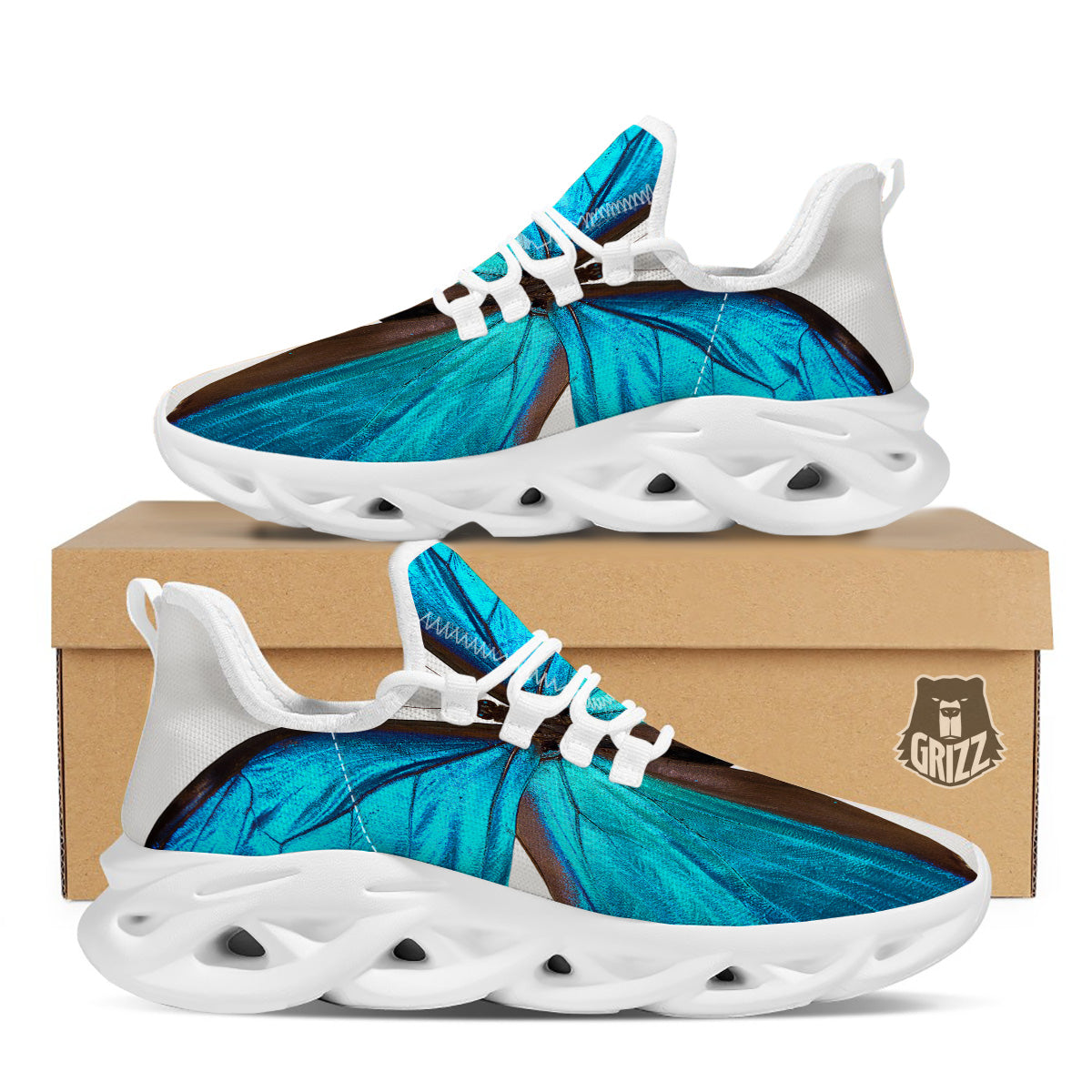 Butterfly Wings Blue Monarch Print White Running Shoes-grizzshop
