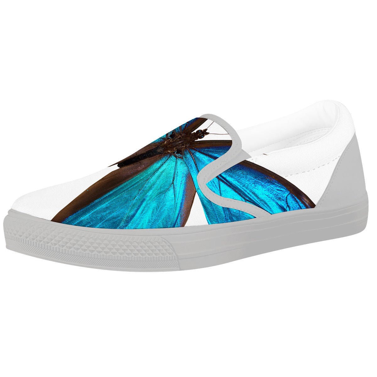 Butterfly Wings Blue Monarch Print White Slip On Shoes-grizzshop