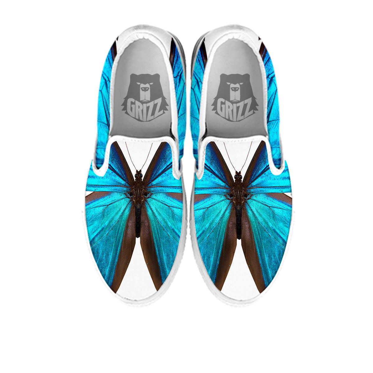 Butterfly Wings Blue Monarch Print White Slip On Shoes-grizzshop