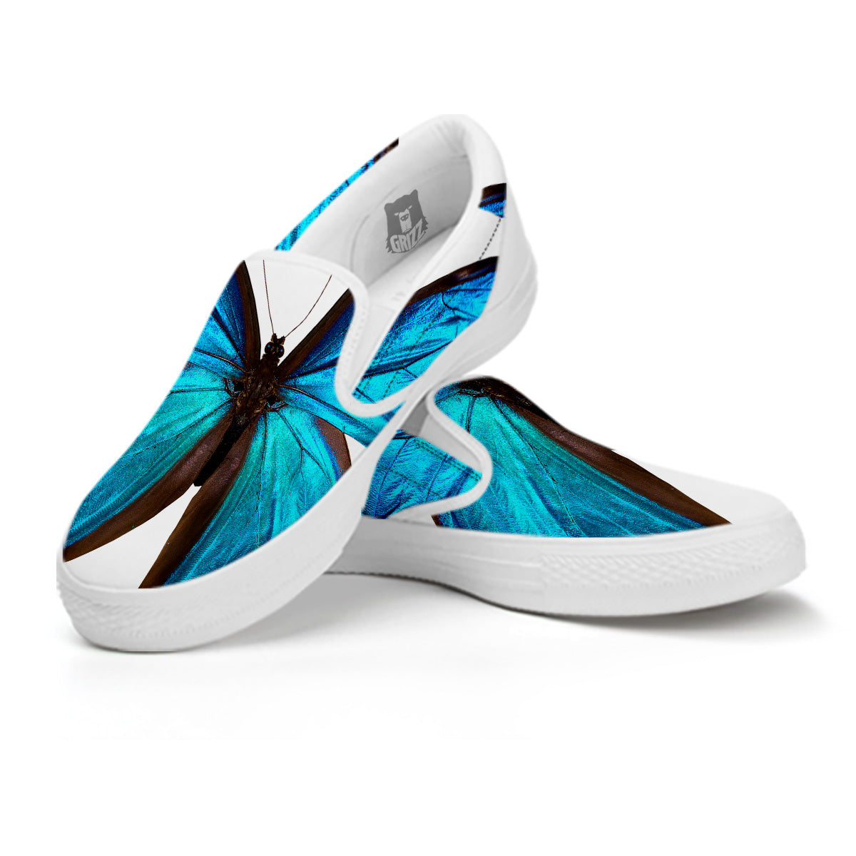 Butterfly Wings Blue Monarch Print White Slip On Shoes-grizzshop