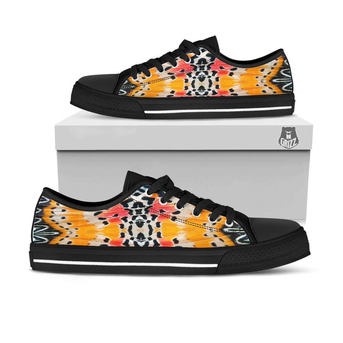 Butterfly Wings Orange Monarch Print Black Low Top Shoes-grizzshop