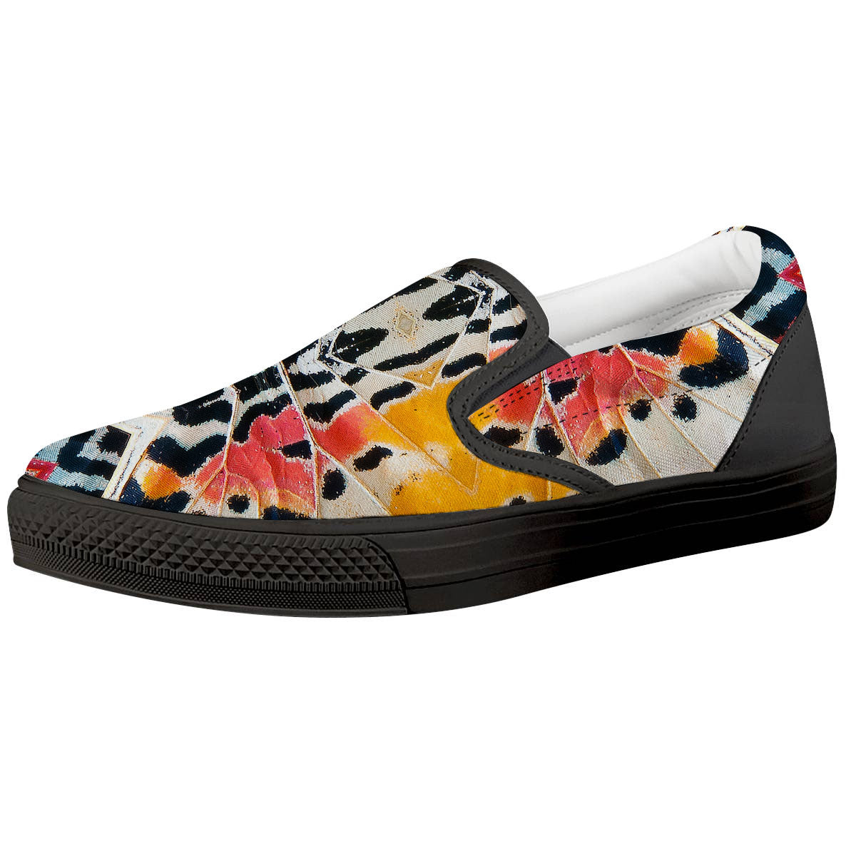Butterfly Wings Orange Monarch Print Black Slip On Shoes-grizzshop