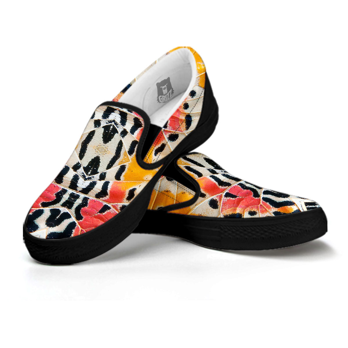 Butterfly Wings Orange Monarch Print Black Slip On Shoes-grizzshop