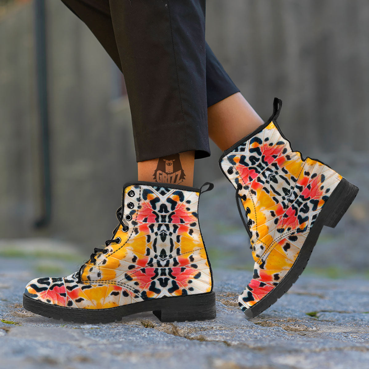 Butterfly Wings Orange Monarch Print Leather Boots-grizzshop