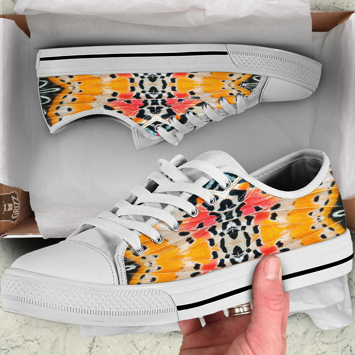 Butterfly Wings Orange Monarch Print White Low Top Shoes-grizzshop