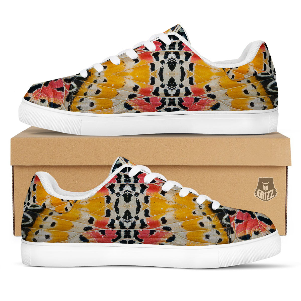 Butterfly Wings Orange Monarch Print White Low Top Sneakers-grizzshop