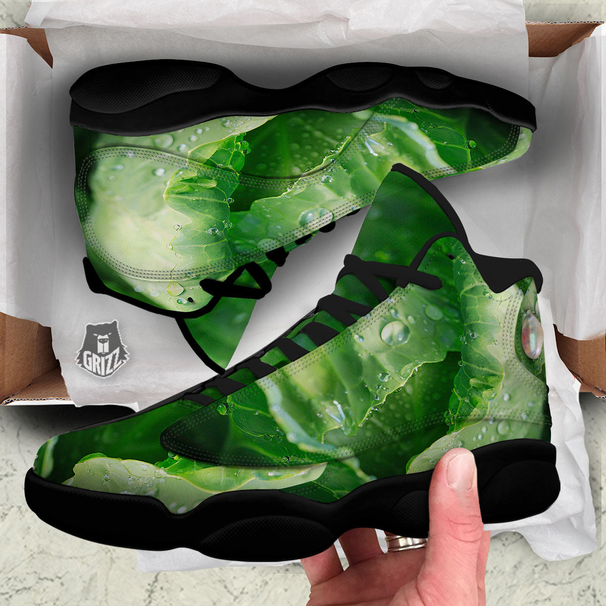 Cabbage Fresh Leaf Print Black Basketball Shoes-grizzshop