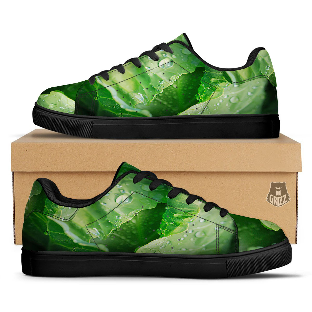 Cabbage Fresh Leaf Print Black Low Top Sneakers-grizzshop
