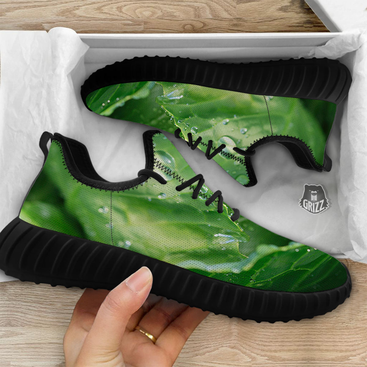 Cabbage Fresh Leaf Print Black Walking Shoes-grizzshop