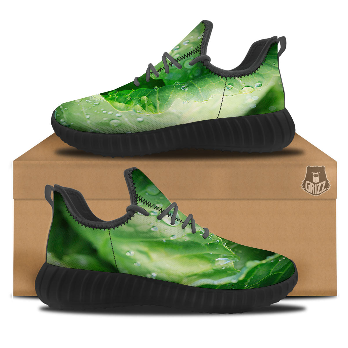 Cabbage Fresh Leaf Print Black Walking Shoes-grizzshop