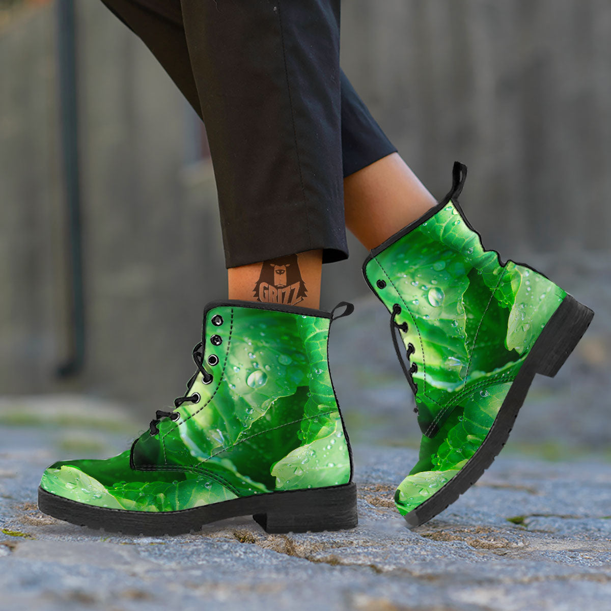 Cabbage Fresh Leaf Print Leather Boots-grizzshop