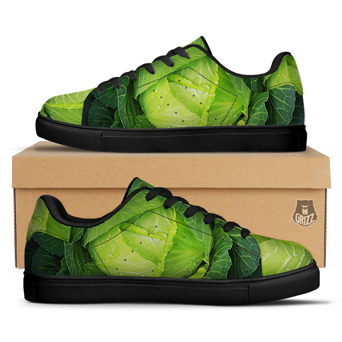 Cabbage Green Print Black Low Top Sneakers-grizzshop