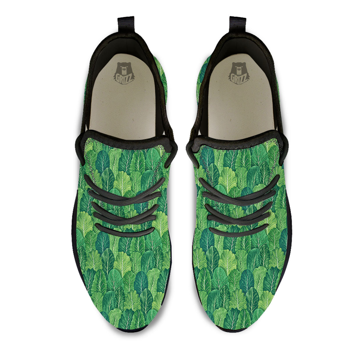 Cabbage Leaf Green Print Black Athletic Shoes-grizzshop
