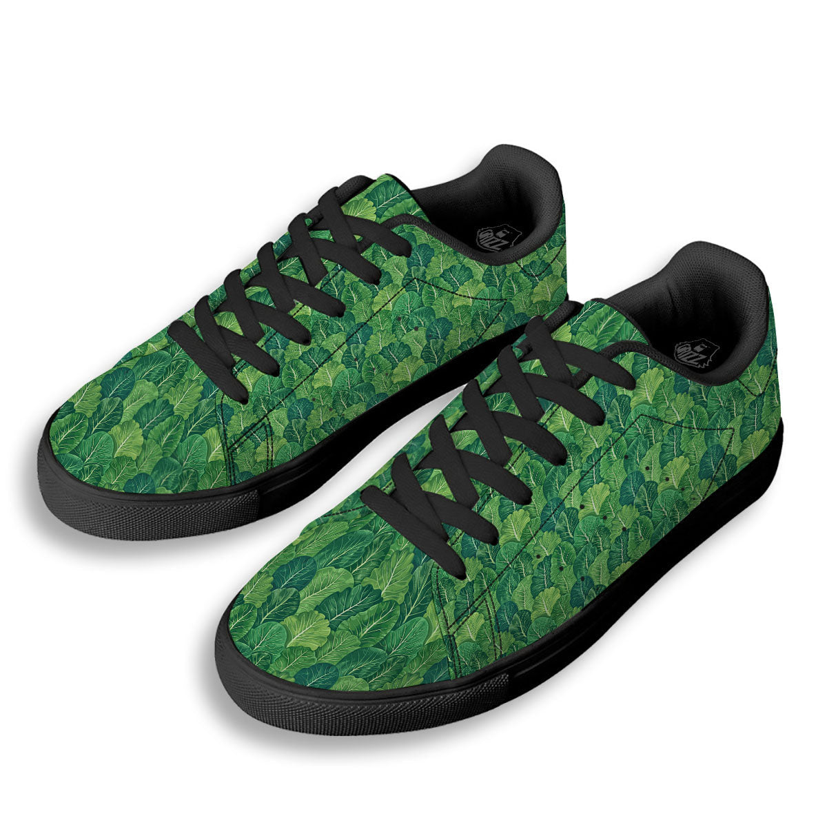 Cabbage Leaf Green Print Black Low Top Sneakers-grizzshop