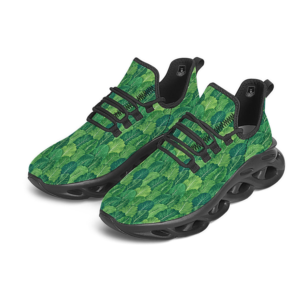 Cabbage Leaf Green Print Black Running Shoes-grizzshop