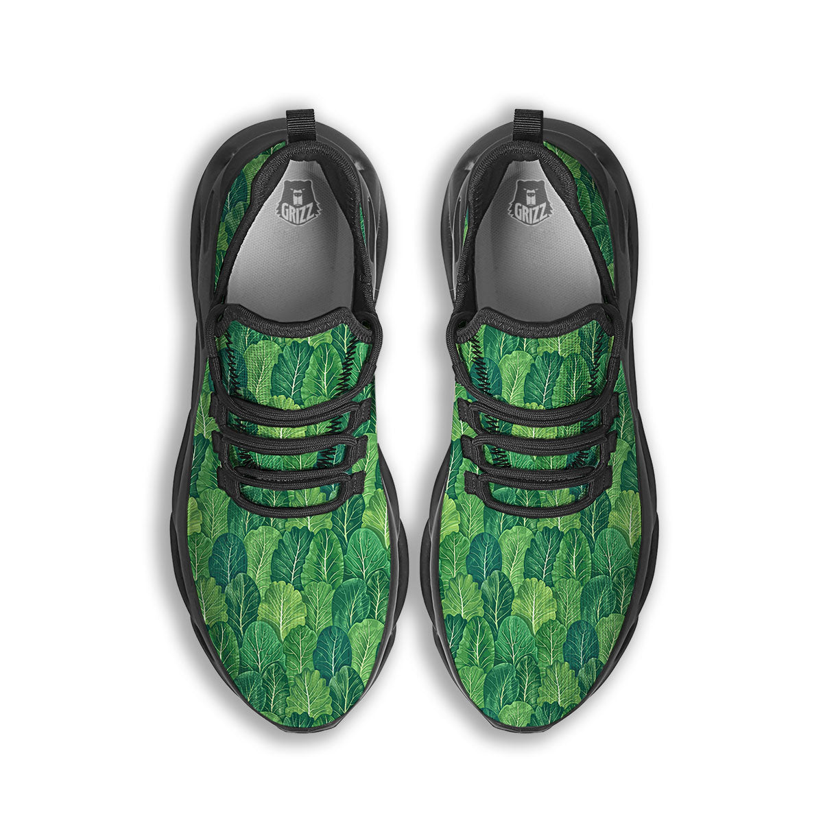 Cabbage Leaf Green Print Black Running Shoes-grizzshop