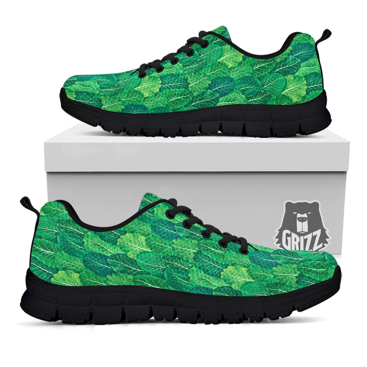 Cabbage Leaf Green Print Black Sneaker-grizzshop