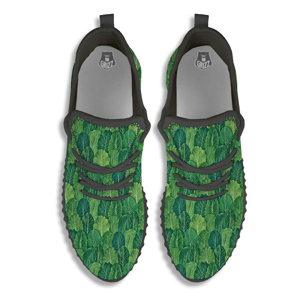 Cabbage Leaf Green Print Black Walking Shoes-grizzshop