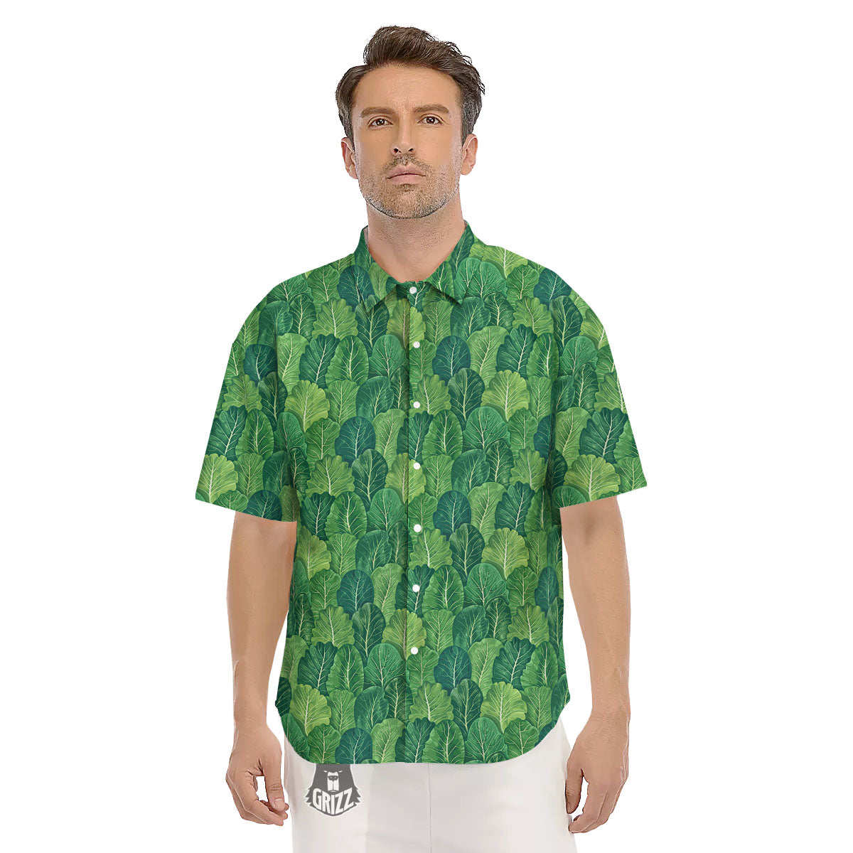 Cabbage Leaf Green Print Men's Short Sleeve Shirts-grizzshop