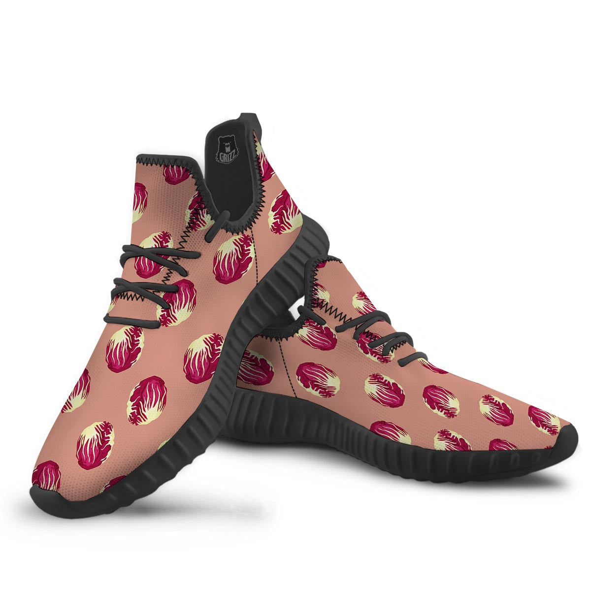 Cabbage Red Print Pattern Black Walking Shoes-grizzshop
