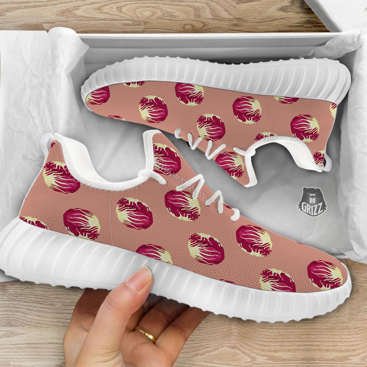 Cabbage Red Print Pattern White Walking Shoes-grizzshop