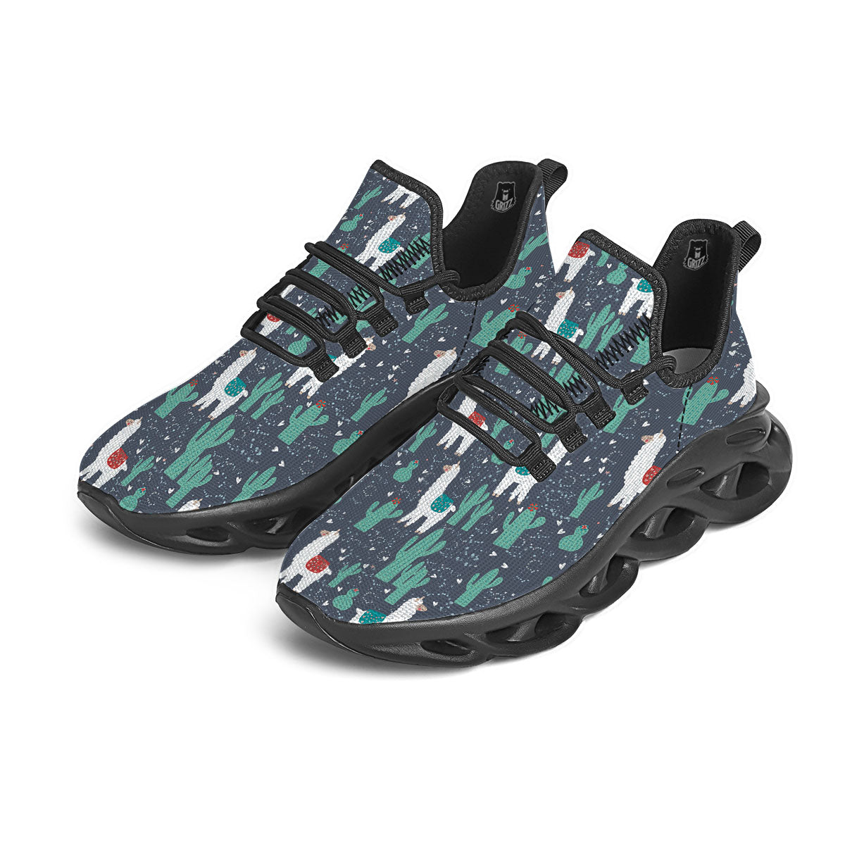 Cactus And Happy Llama Print Pattern Black Running Shoes-grizzshop
