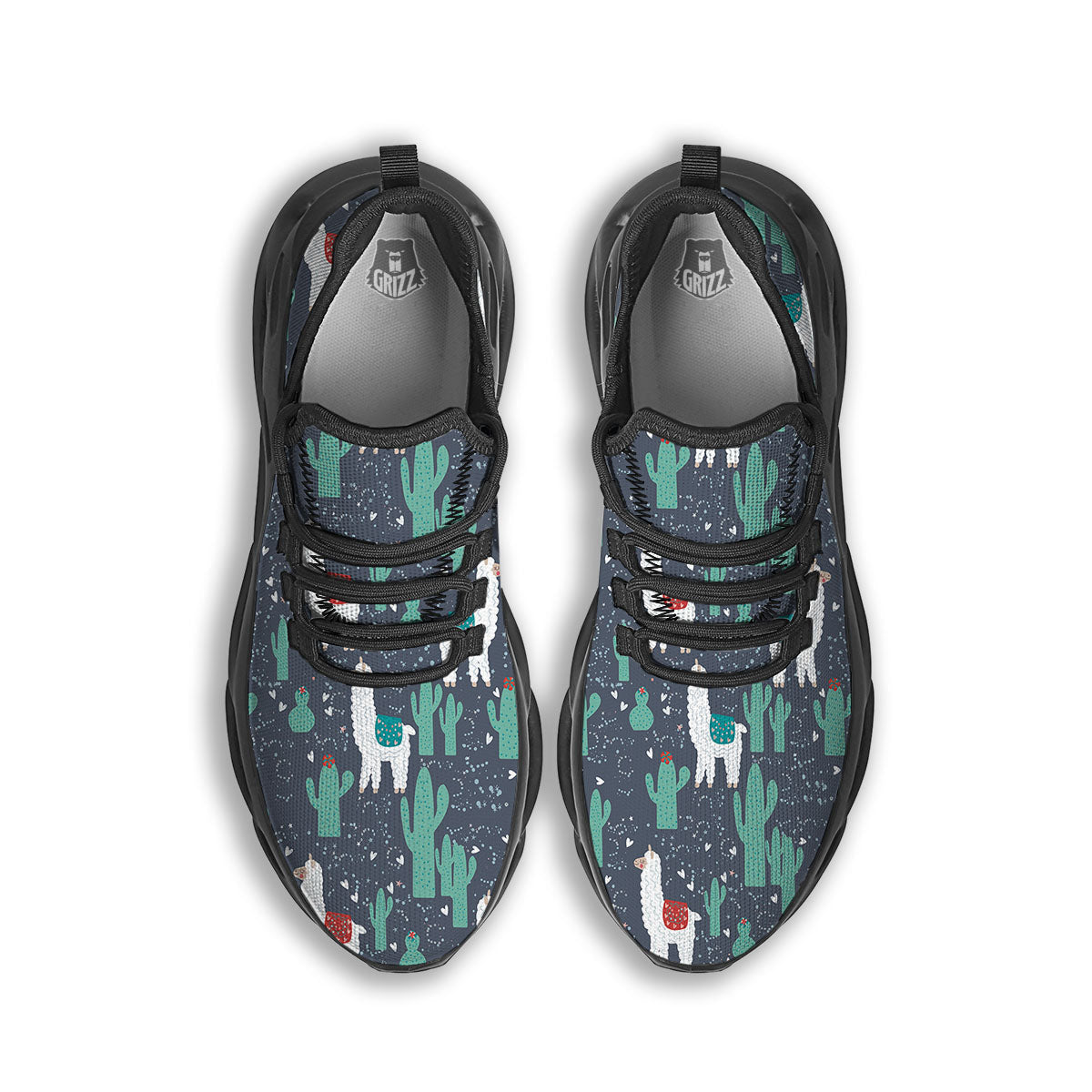 Cactus And Happy Llama Print Pattern Black Running Shoes-grizzshop