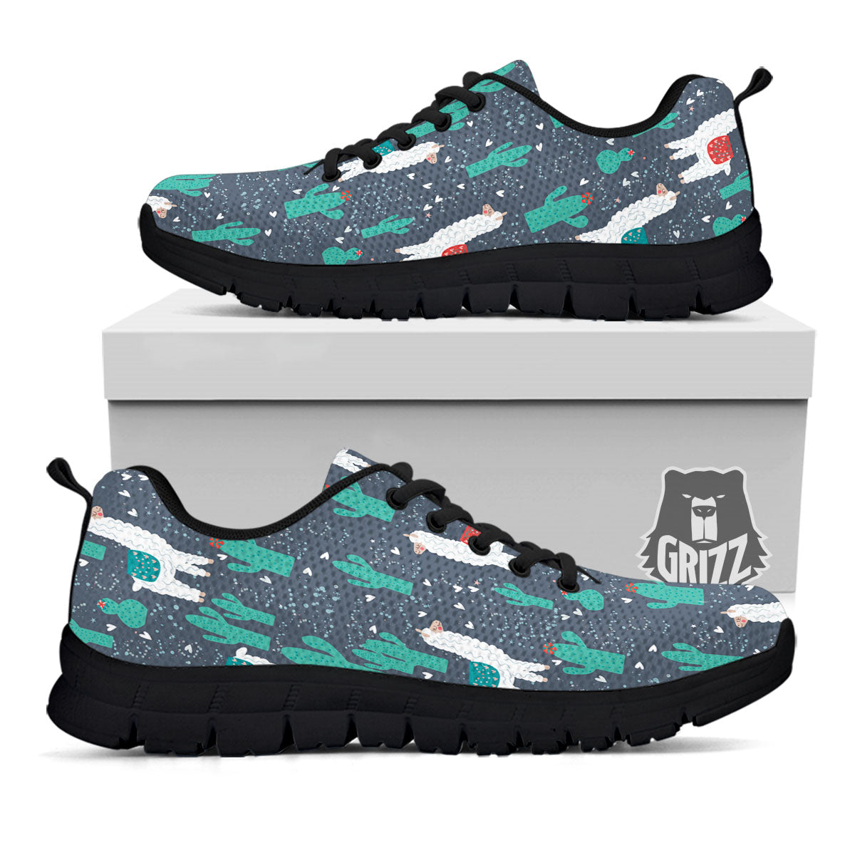 Cactus And Happy Llama Print Pattern Black Sneaker-grizzshop