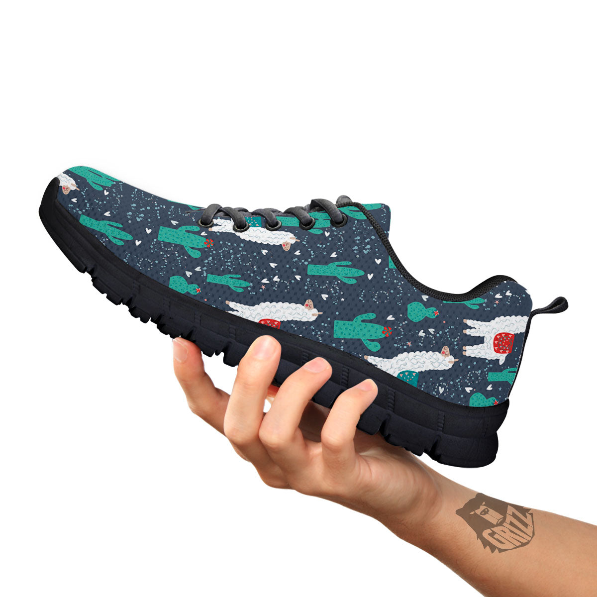 Cactus And Happy Llama Print Pattern Black Sneaker-grizzshop