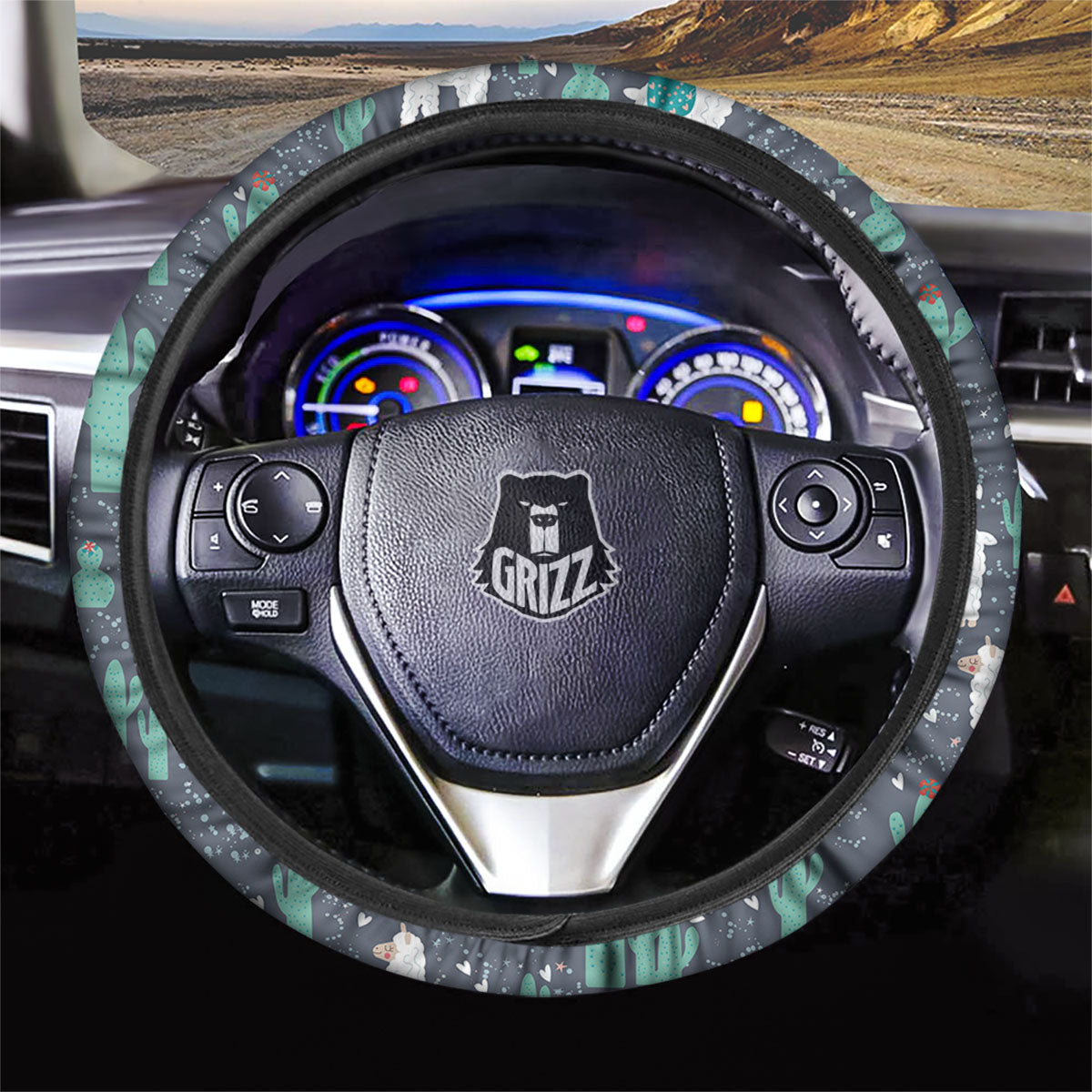 Cactus And Happy Llama Print Pattern Car Steering Wheel Cover-grizzshop