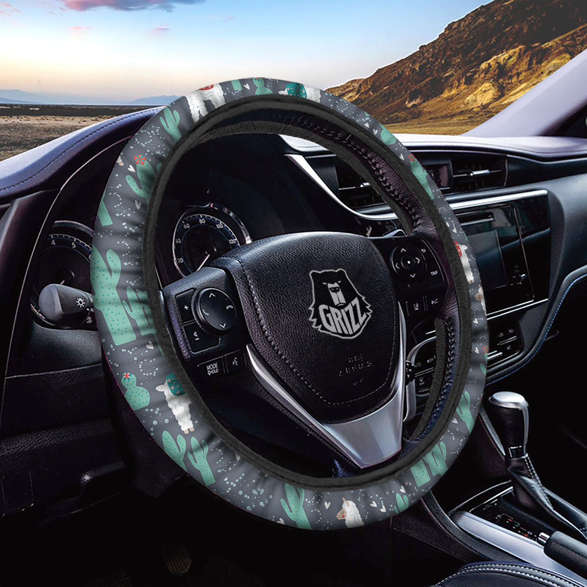 Cactus And Happy Llama Print Pattern Car Steering Wheel Cover-grizzshop