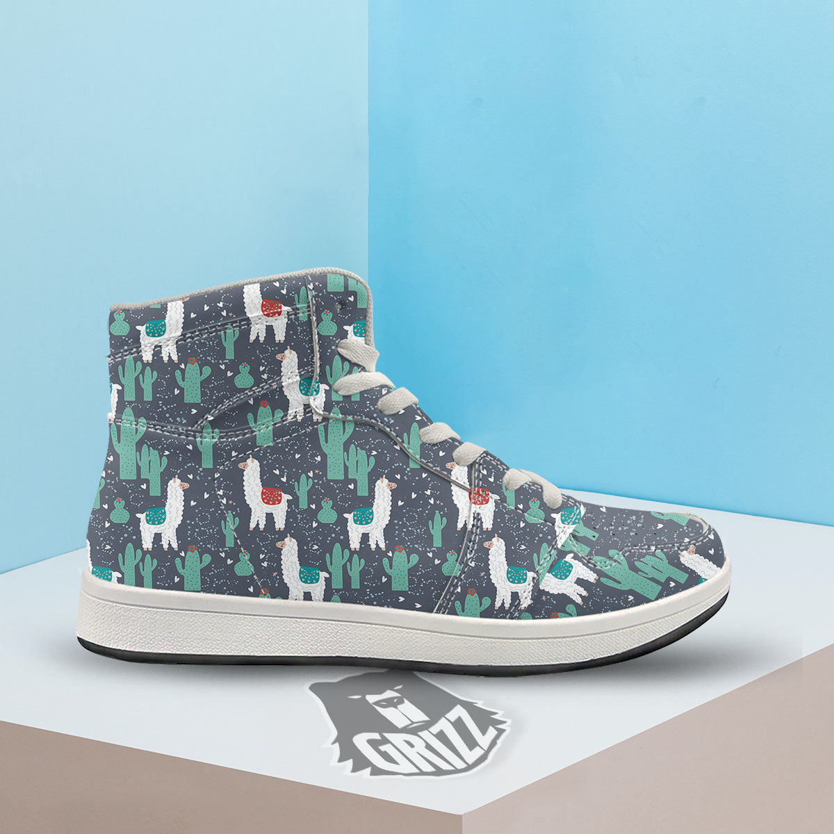 Cactus And Happy Llama Print Pattern High Top Sneakers-grizzshop