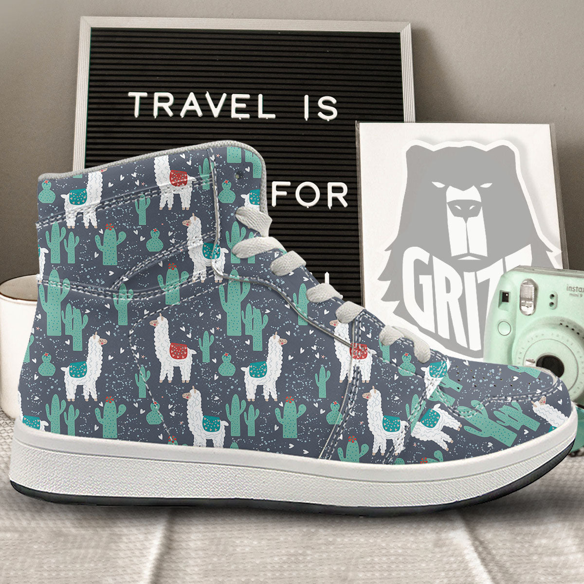 Cactus And Happy Llama Print Pattern High Top Sneakers-grizzshop